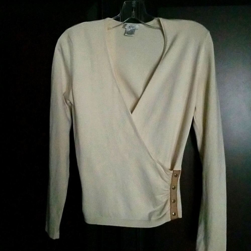 Cache S Top w Leather Trim, Small Sweater Knit